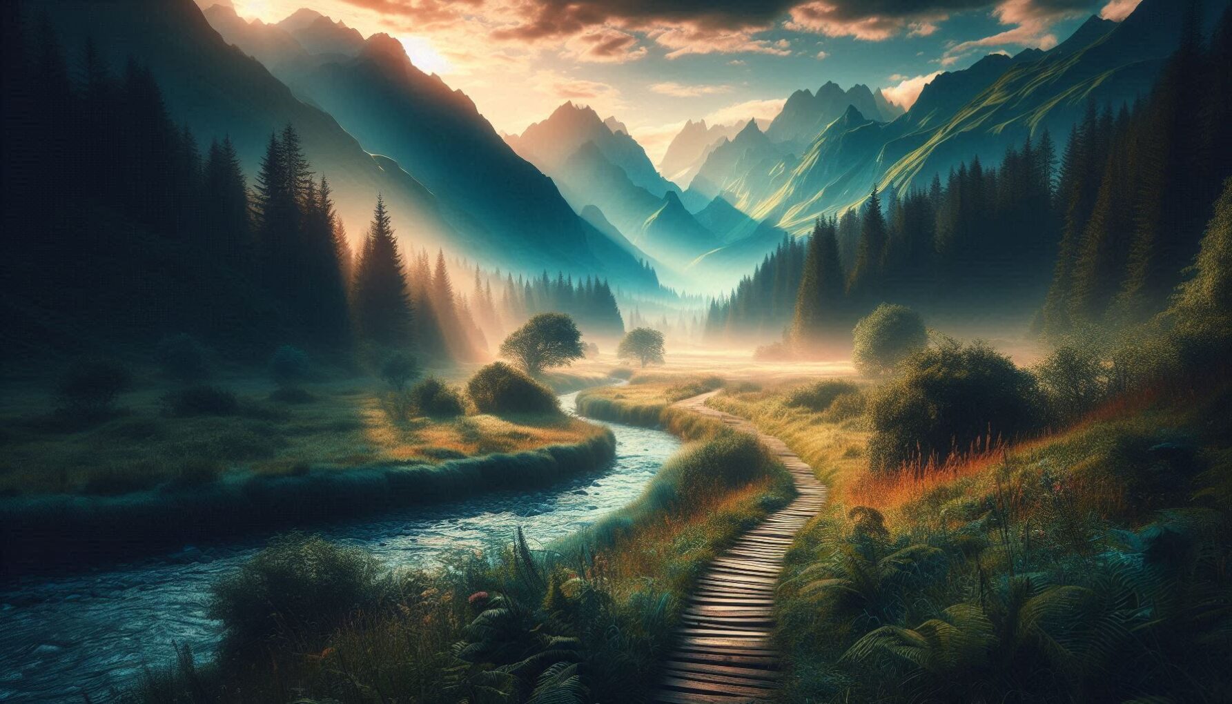 A forest, lake, and mountains at sunset, depicting the path to find real love through dating with intention.