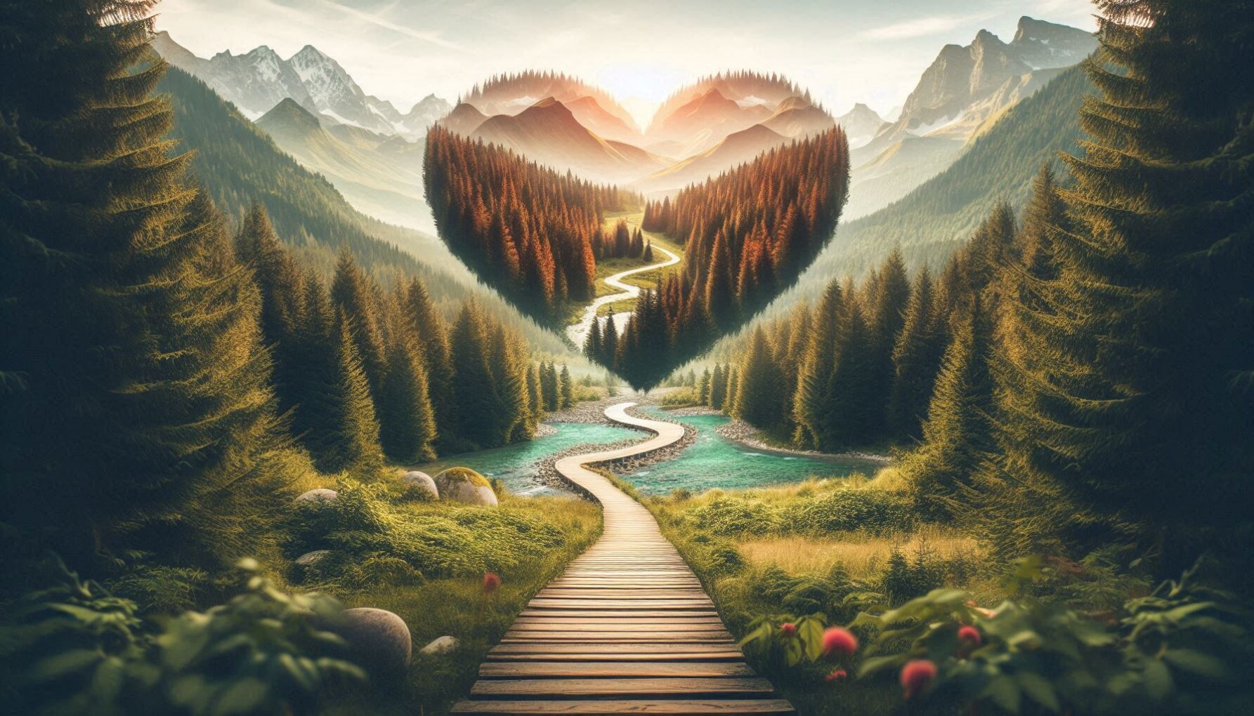 A forest, a lake, and mountains with a heart above them and a pathway leading between the forestland through the middle of the lake and up through the heart, symbolizing the journey to authentic love.