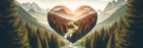 A heart above a forest and mountains with a pathway leading through the center.